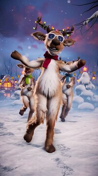 Christmas Party: funny reindeer dance on a winter holiday background. Animated video for greeting cards, festive events, and New Year&rsquo;s parties.