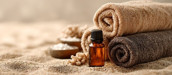 Rolled towels and spa products on sandy background