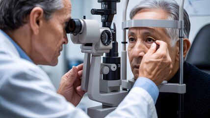 Professional eye exam, doctor and senior patient using ophthalmic equipment, vision check, medical consultation, healthcare services, wellness, clinical setting, elderly care.