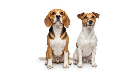 Beagle and Jack Russell Terrier Sitting Side by Side &ndash; Studio Portrait on White Background