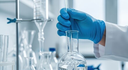Fototapeta premium Scientist Using Pipette in Lab – Precision Chemical Transfer with Glassware in Controlled Research Environment