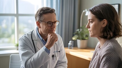 Experienced doctor consulting a female patient, professional medical office, healthcare, wellness, treatment, thoughtful discussion, patient care