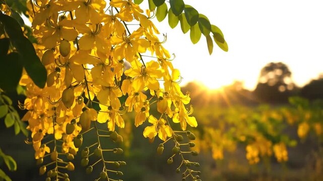 Golden Shower Tree Blossoms Bathed in Warm Sunset Light.