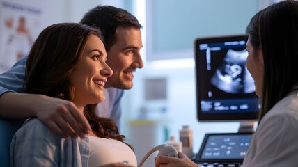 Happy pregnant couple and caring doctor viewing baby ultrasound scan, sharing joy and excitement, medical healthcare check-up, family wellness, parenthood journey, future