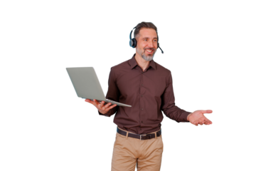 Male presenter wearing a headset and holding a laptop, talking and gesturing during a webinar or online consultation with transparent background