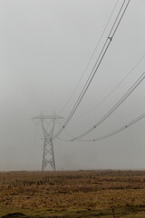 
A power transmission line shrouded in fog.