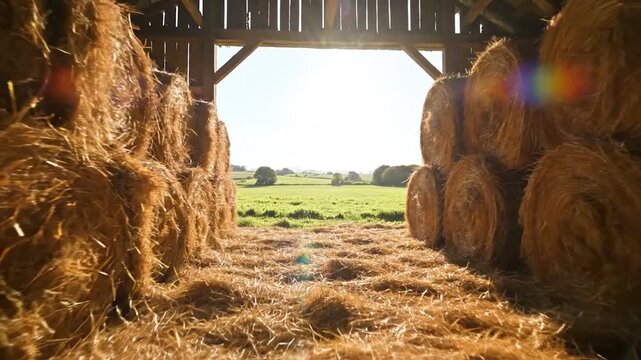 Barn interior with stacked hay bales and bright sunlight