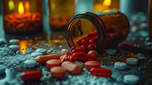 Scattered capsules and tablets from an overturned first aid kit illustrate the problem of uncontrolled medication consumption, creating a dramatic backdrop for social health campaigns.
