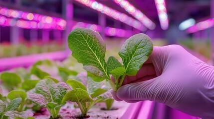 Scientist hand in glove holding green plant sprout in biotechnology laboratory with purple LED lights. Concept of hydroponics, vertical farming, agricultural research and food safety