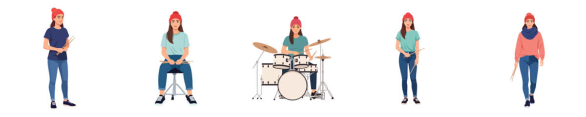 Fototapeta premium Female Drummer Character Vector Flat Design Musician Lifestyle Illustration Set