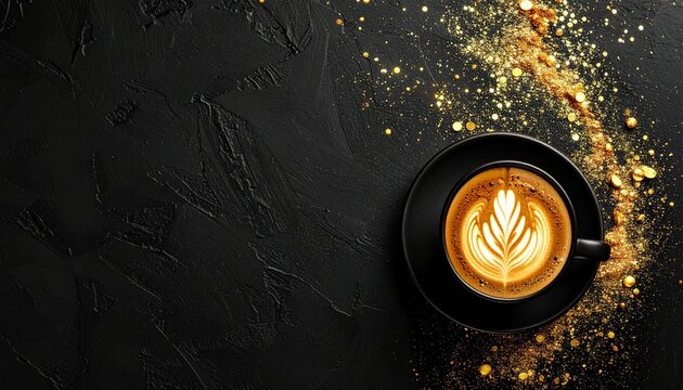 マットブラックの高級感ある背景に、フレームの縁へ集まるゴールド粒子が印象的な映像です。
画面下部に配置されたラテカップが、広告向けの安定した構図と余白を生み出します。