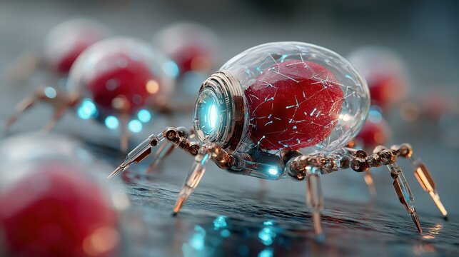 Futuristic medical nanobot traveling through human bloodstream with red blood cells. Concept of nanotechnology, targeted drug delivery, fighting viruses and future healthcare innovation