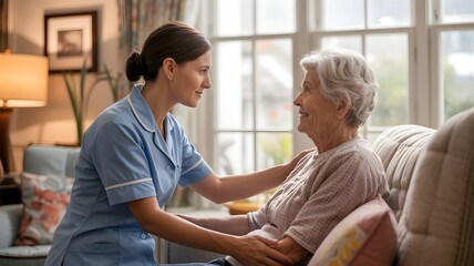 Obraz premium Nurse comforting elderly woman in cozy living room with soft natural lighting for healthcare advertising