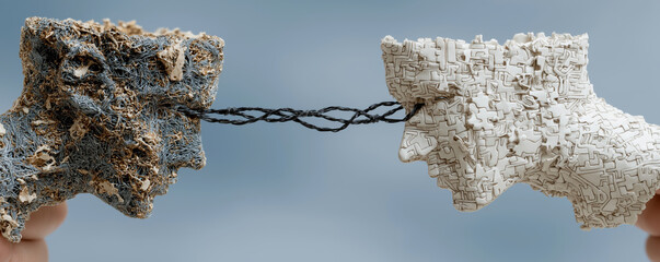 Two fragmented faces connected by wires held by hands. Concept of psychology, mental health and restoring trust