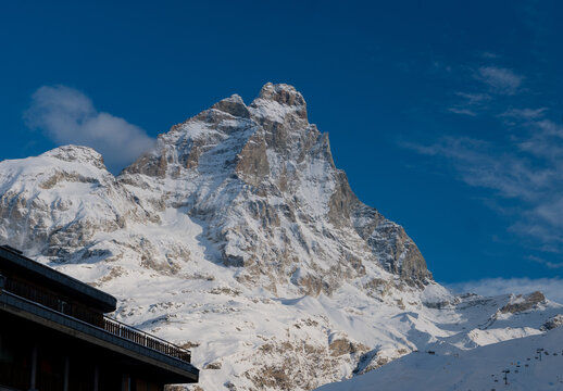 Snow Covered Matterhorn  Under Clear Blue Sky viewed from Cervinia