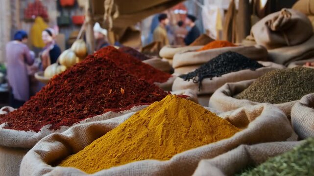 Colorful spices in burlap sacks at a vibrant market. Represents culinary diversity and the rich culture of food preparation