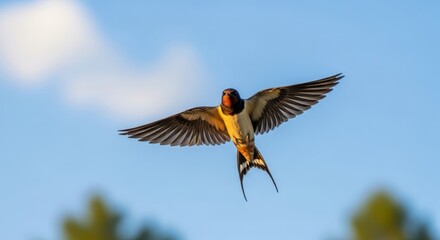 Obraz premium Flying swallow bird in blue sky with wings spread showing motion freedom and wildlife nature scene