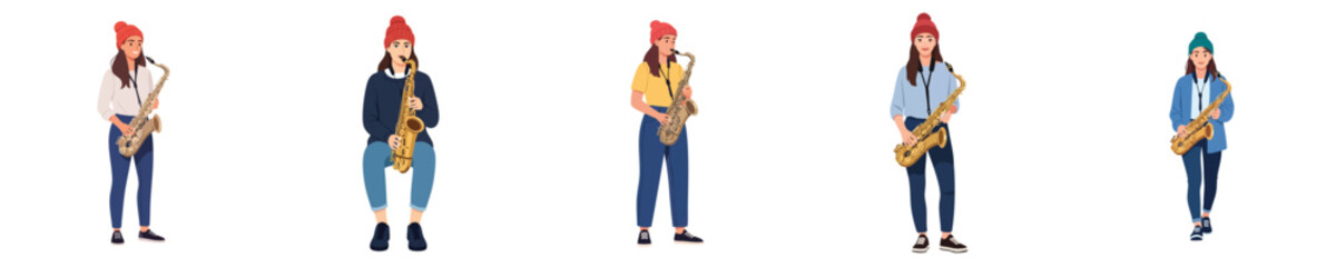 Naklejka premium Female Saxophonist Musician Playing Saxophone Jazz Performance Flat Vector Set