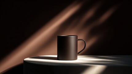 A sleek black mug illuminated by dramatic diagonal light rays on a minimalist pedestal against a dark background.
