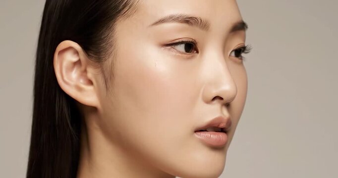 Camera orbiting female face to show nose profile. Beauty shot.