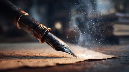 Naklejka premium A vintage fountain pen writes on aged paper with cinematic lighting and floating dust particles, creating an artistic and nostalgic composition.