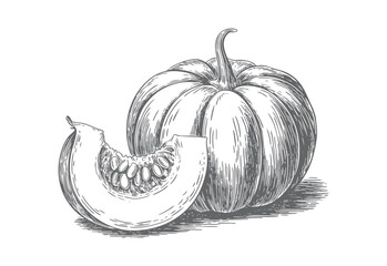Pumpkin vintage botanical illustration in classic hand drawn engraving style.