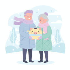 Fototapeta premium Happy elderly couple characters holding large piggy bank together against snowy winter park background representing Financial Security for Seniors Retirement Planning and Investing