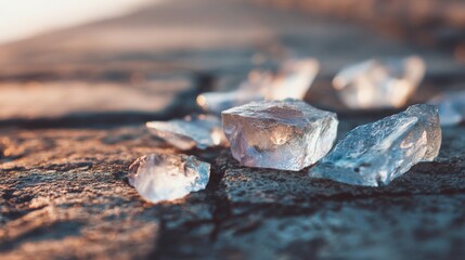 Crystal fragments rest on a rugged stone surface bathed in soft natural light, creating a cinematic and contemplative scene with ample negative space for text.