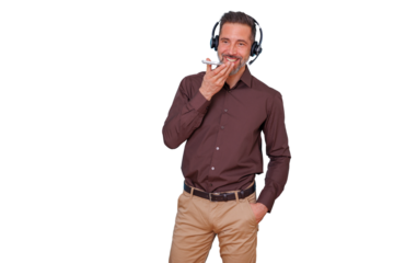 Call center agent wearing headset and smiling while talking, offering customer service and support, transparent background