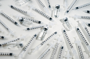Close up of Single Use Insulin Syringes Gauge 31 with Glass Vials