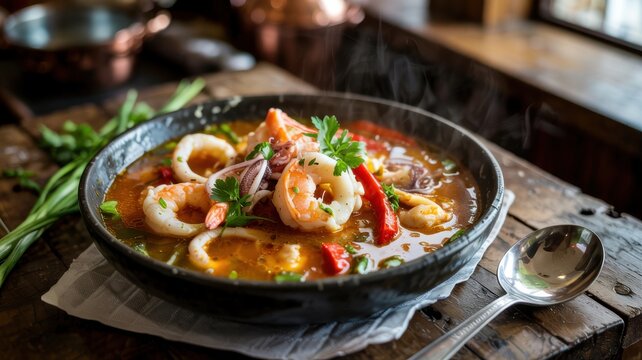 National Argentine cuisine. Cazuela de mariscos - seafood soup.