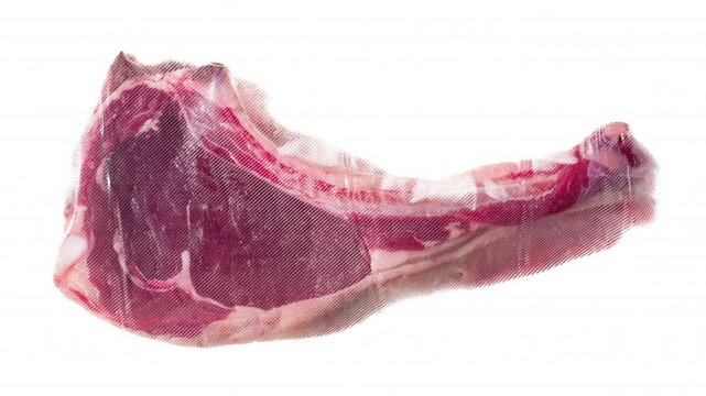 Packaging and Freezing Tomahawk Steak. Beef steak on the bone is packed in a vacuum apparatus and subjected to rapid cooling with an ice jet, creating the effect of white steam on a white background