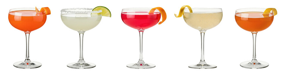 classic cocktails in coupe glasses with garnishes
