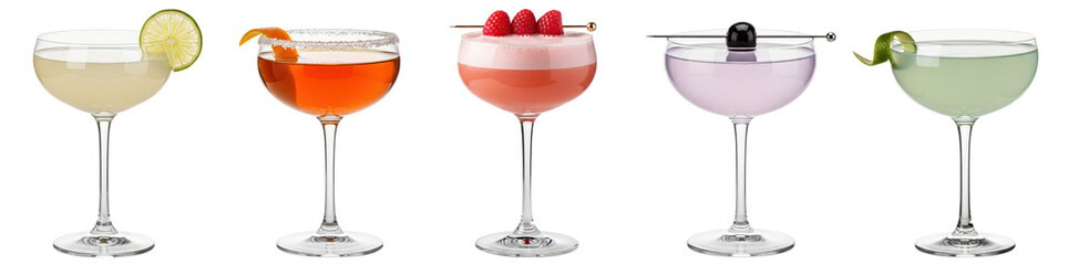colorful classic cocktails in coupe glasses isolated