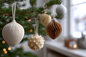Decorative ornaments hang from a Christmas tree. The ornaments are in various shapes and colors, including white, beige, and brown. Soft lighting creates a warm atmosphere.