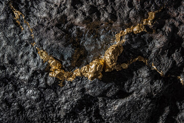 A gold vein, small pieces of gold nuggets within a rock, accumulation of gold in rocks, formed in cracks, faults, or fissures. Close up view