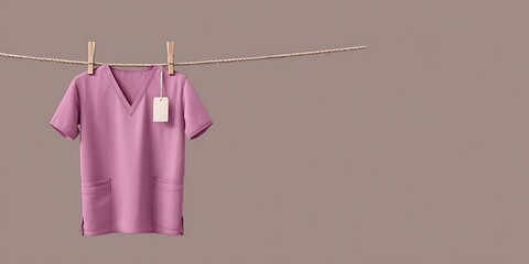 Pink medical scrub top hanging on clothesline with tag