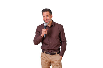 Smiling man holding a microphone, actively engaging in a presentation or speech. Transparent...