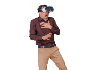 Man experiencing virtual reality, feeling fear and shock, screaming from an intense vr simulator game