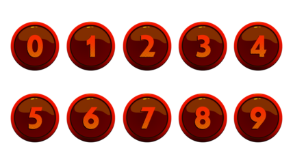 Collection of brown glossy numbers zero to nine with orange texture inside isolated on transparent background sleek game ui elements for applications