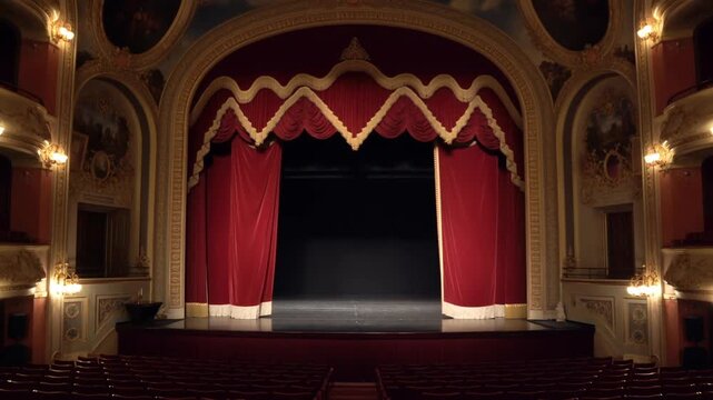 An empty theater stage with red curtains, ready for a performance. The stage is framed by ornate architectural details and soft lighting Stock Video