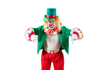 Funny clown pointing down at blank template copy spase for advertising, posters, greetings, invitations. Entertainer as Joker in a suit and wig, with clown whiteface makeup.
