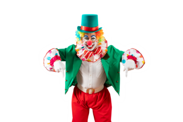 Funny clown pointing down at blank template copy spase for advertising, posters, greetings, invitations. Entertainer as Joker in a suit and wig, with clown whiteface makeup.