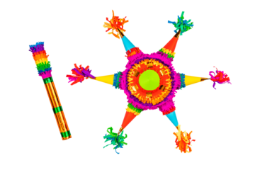 Pinata in the shape of a star on isolated background. Rainbow-colored paper handmade Piñata toy for a birthday party Mexican style.