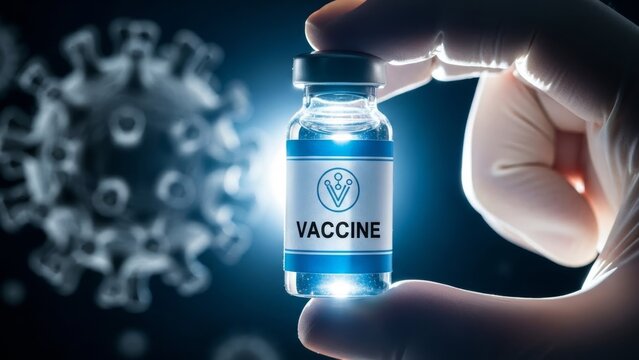 Hand holding a vaccine vial with a blurry virus background emphasizing the importance of vaccination