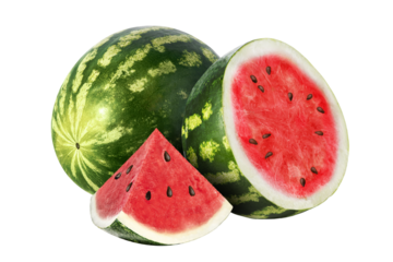 Fresh ripe watermelon cut in half with juicy red pulp and black seeds, accompanied by slices. Isolated on transparent background, perfect for design, food concepts, summer themes and healthy ideas.
