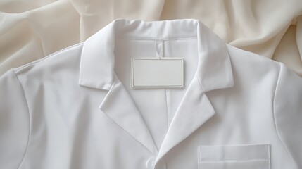 Crisp white business shirt with blank name tag on elegant fabric background