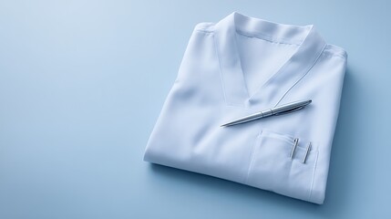 Naklejka premium Folded white medical scrubs with pens on blue background