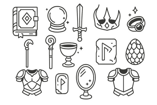 Legendary Artifacts Icons. Line style icons of legendary artifacts: ancient tome, crystal orb, magic sword, cursed crown; staff of