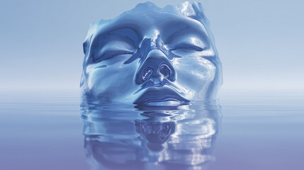 Serene ice sculpture of a face in calm water
